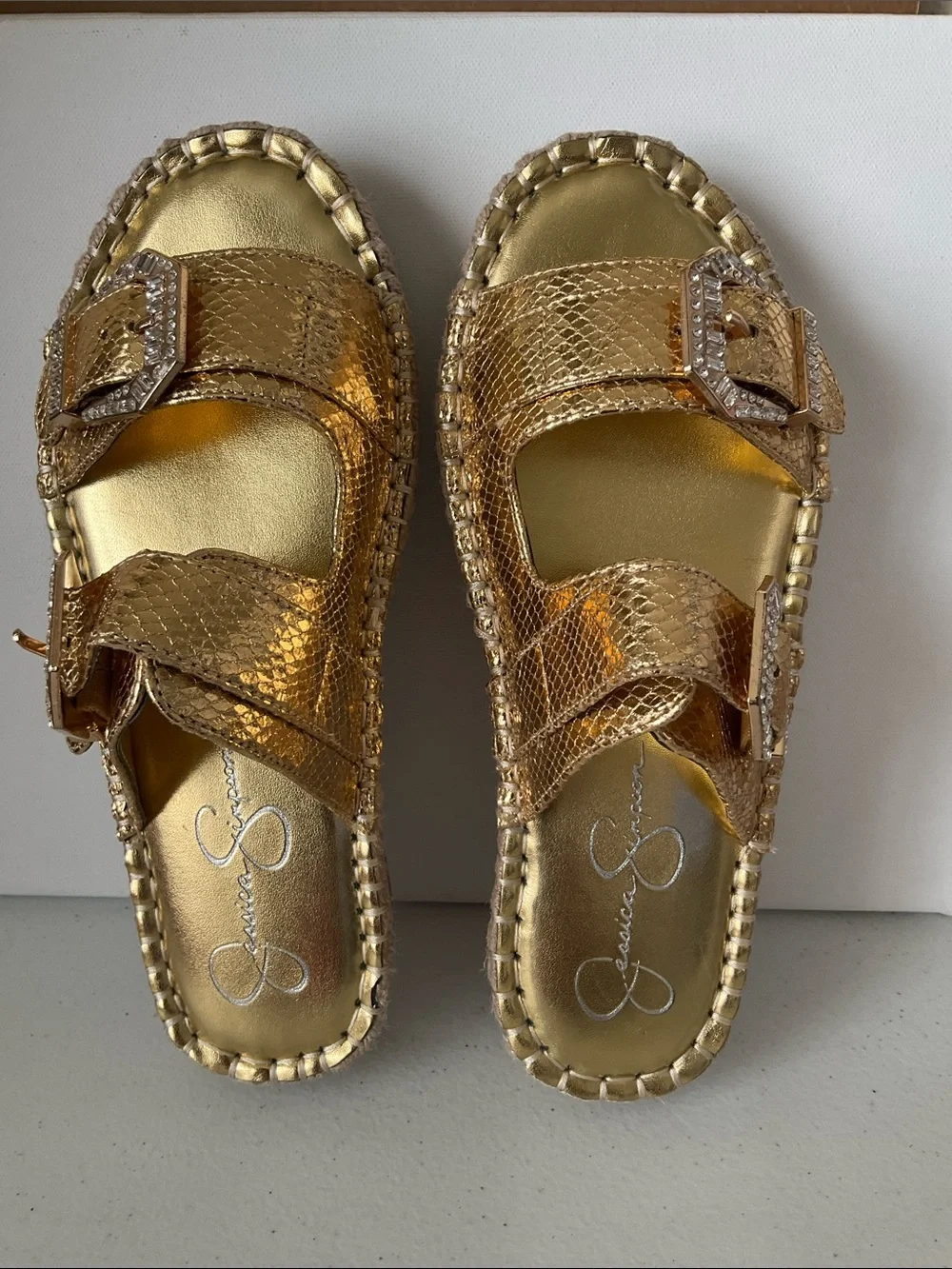 Jessica Simpson Chandria Metallic Silver Snakeskin Buckle Slide Sandals (NWOT)